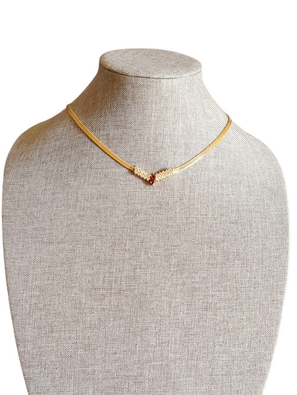 Vtg. Gold Chain Garnet & Clear Stone KOREA Necklace